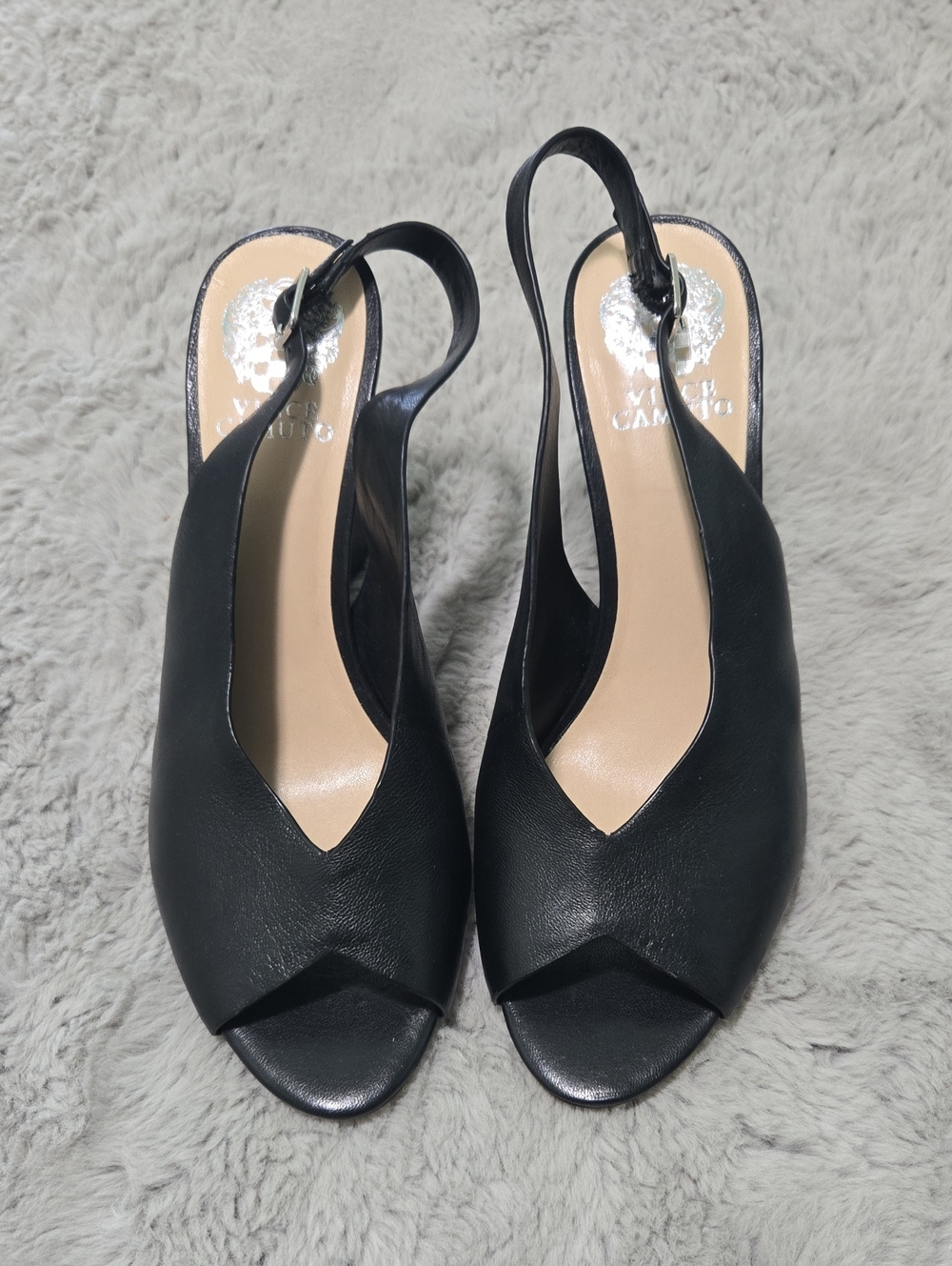 Vince Camuto black genuine leather peep-toe slingback block heels size 9.5